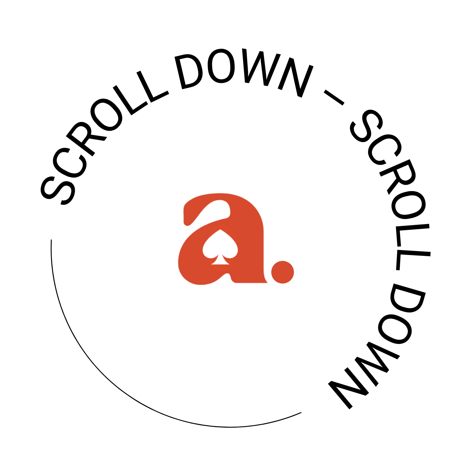 Circular scroll prompt with the words “Scroll Down – Scroll Down” surrounding a red lowercase “a” with a spade symbol in the centre.