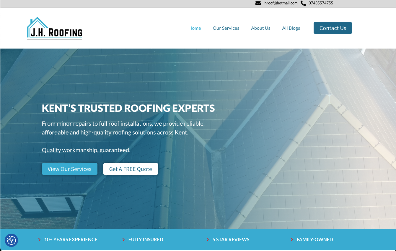 JH Roofing homepage showcasing roofing services in Kent with a background image of a slate roof and clear call-to-action buttons.