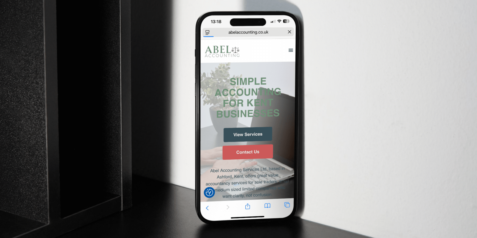 Smartphone displaying the Abel Accounting website homepage, showcasing the tagline "Simple Accounting for Kent Businesses" with call-to-action buttons.