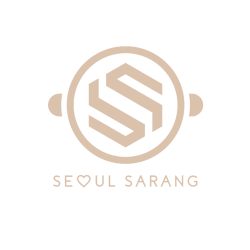 Seoul Sarang logo in soft beige featuring a stylised double "S" monogram inside a circular Korean hotpot-inspired frame, with the brand name in modern uppercase text below.