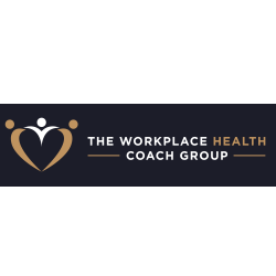 The Workplace Health Coach Group logo featuring a stylised gold heart-shaped icon with human figures, alongside bold white and gold text on a dark background.